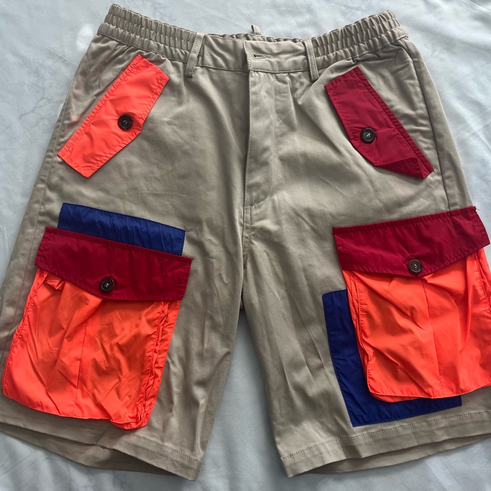DSQUARED2 Beige Cargo Shorts with Red, Orange, and Blue Accents